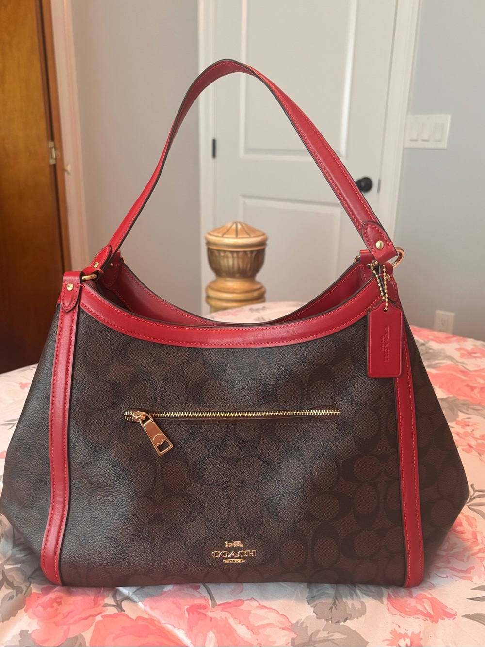 Coach Brown Signature Shoulder Bag with Burgundy/Red Trim